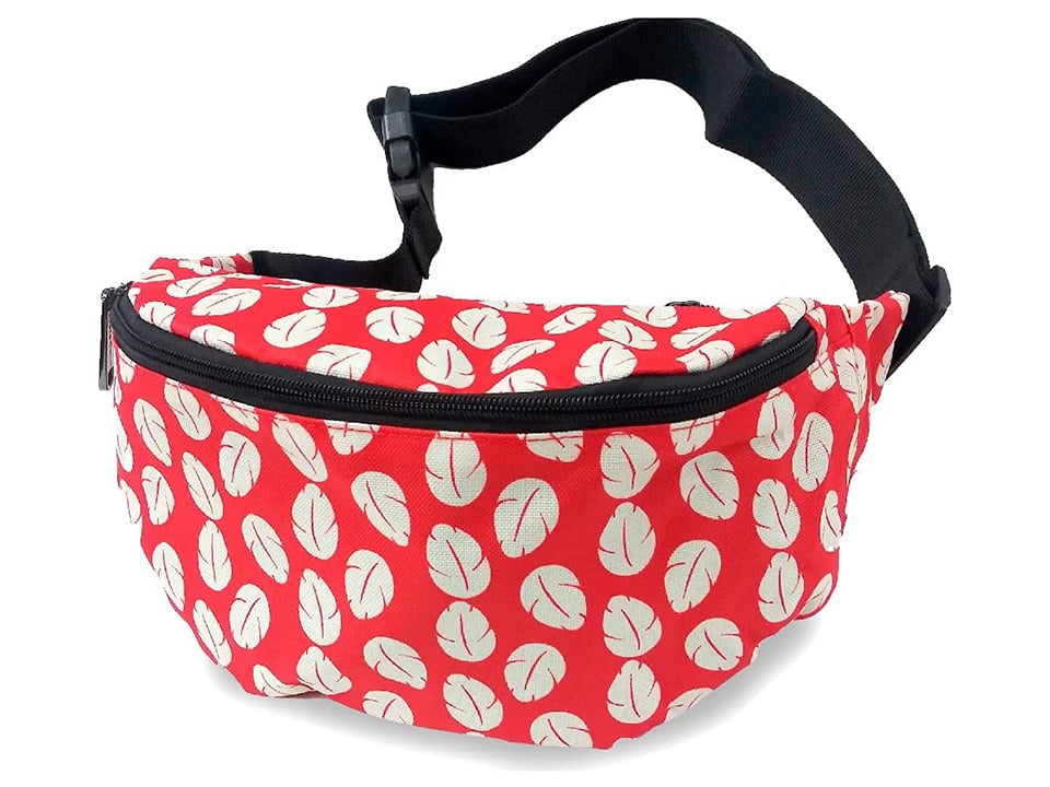 red bag with white feathers