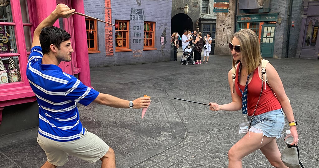 A dueling witch and wizard at Harry Potter World