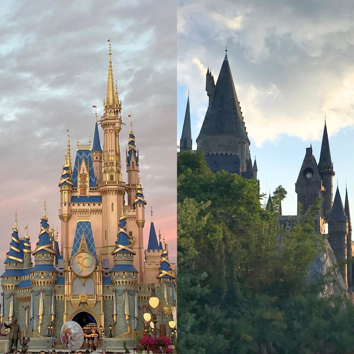 Cinderella's Castle at Magic Kingdom and Hogwarts at Universal's Islands of Adventure.