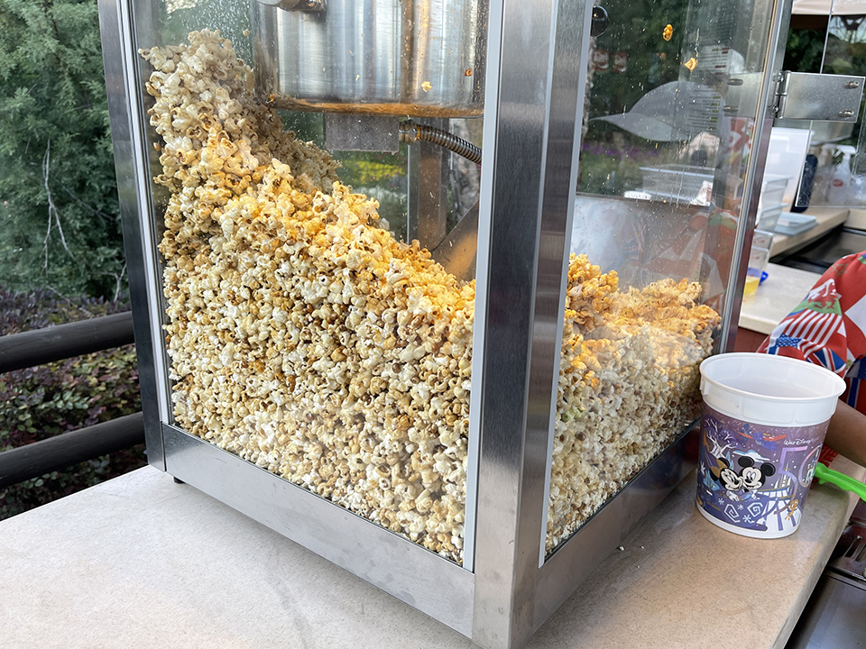 Popcorn in a Glass Case with Bucket Beside the Case