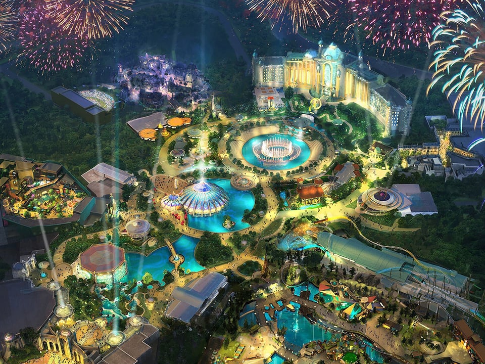 Epic Universe Rendering shows five sections and many water features