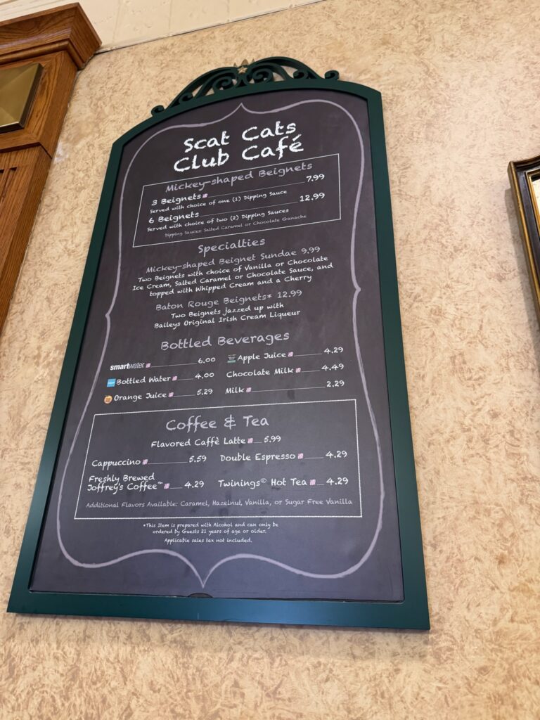 The menu board at Scat Cats Club Cafe in Port Orleans: French Quarter. (©John Gullion/Hey Orlando).