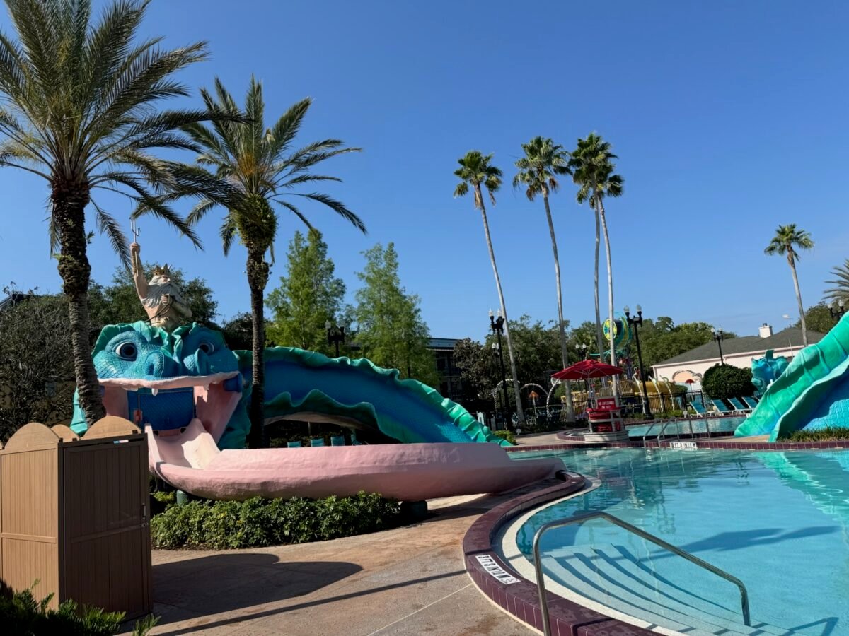 The Doubloon Lagoon pool with its Sea Serpent slide at Port Orleans French Quarter. (© John Gullion/Hey Orlando).