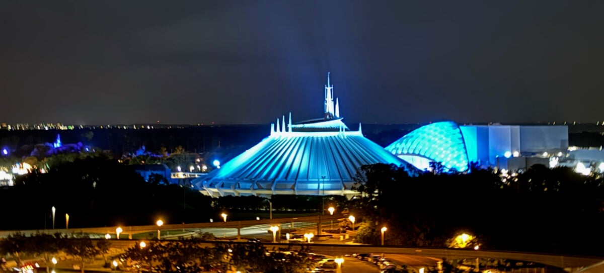Space Mountain (left) and Tron: Lightcycle Run (right) as seen at Night from the Contemporary Resort. (©John Gullion/Hey Orlando).