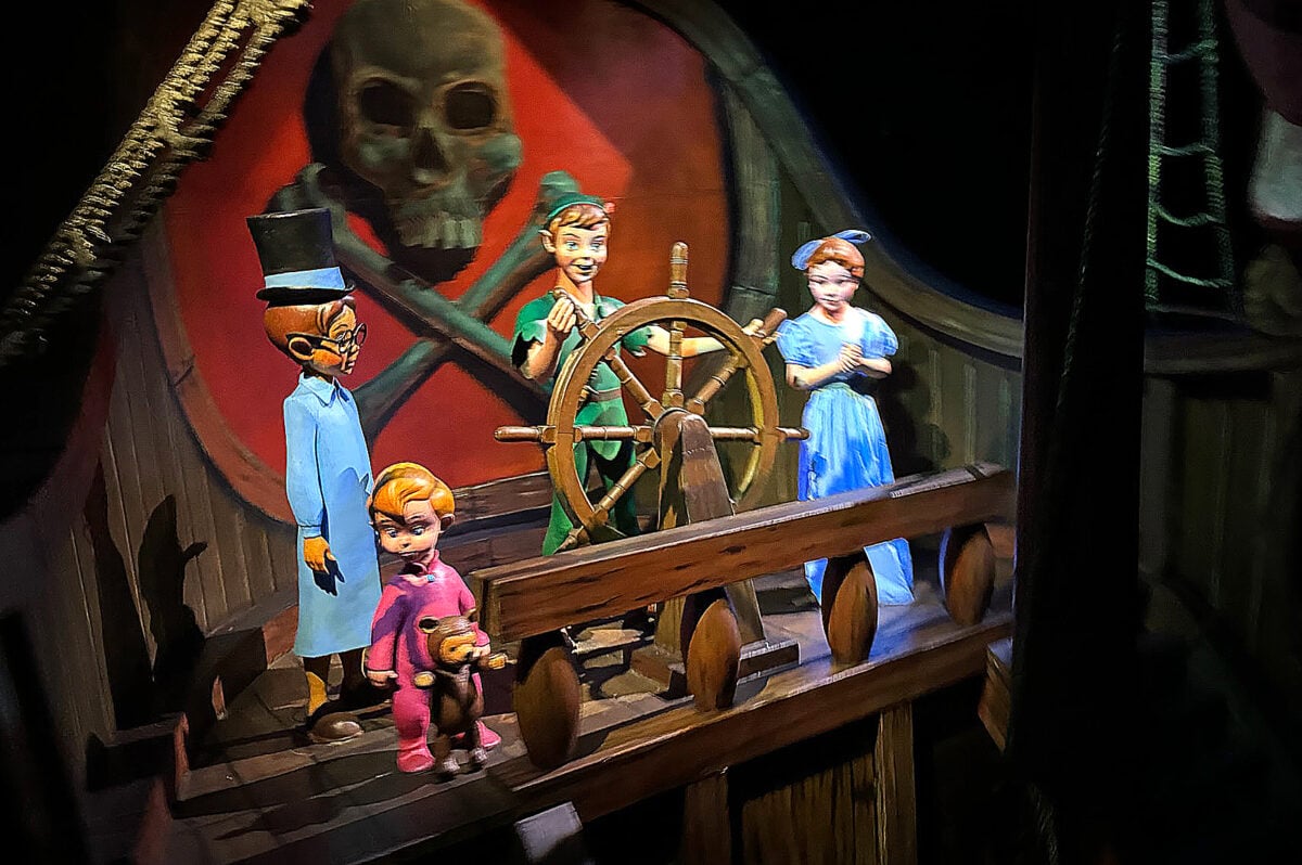 Peter, Wendy, John and Michael inside Peter Pan's Flight. (©John Gullion/Hey Orlando).