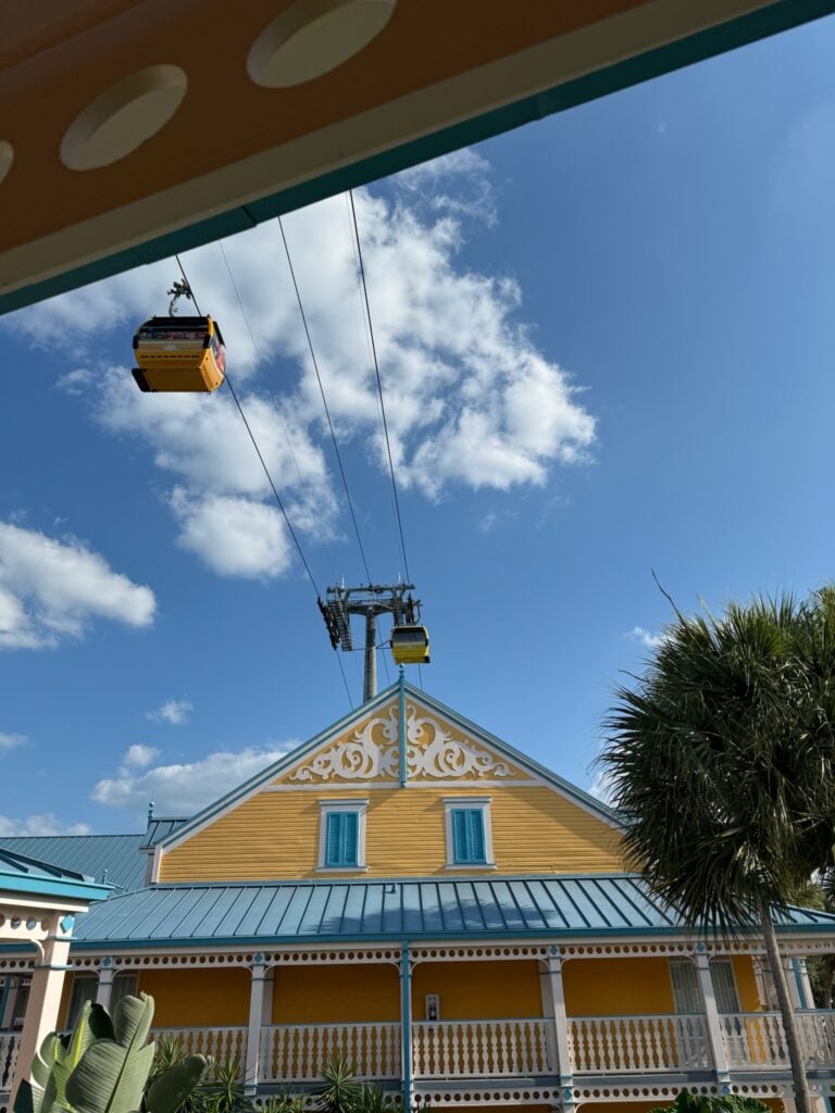 The Disney Skyliner travels over the Caribbean Beach resort. (© John Gullion/Hey Orlando).