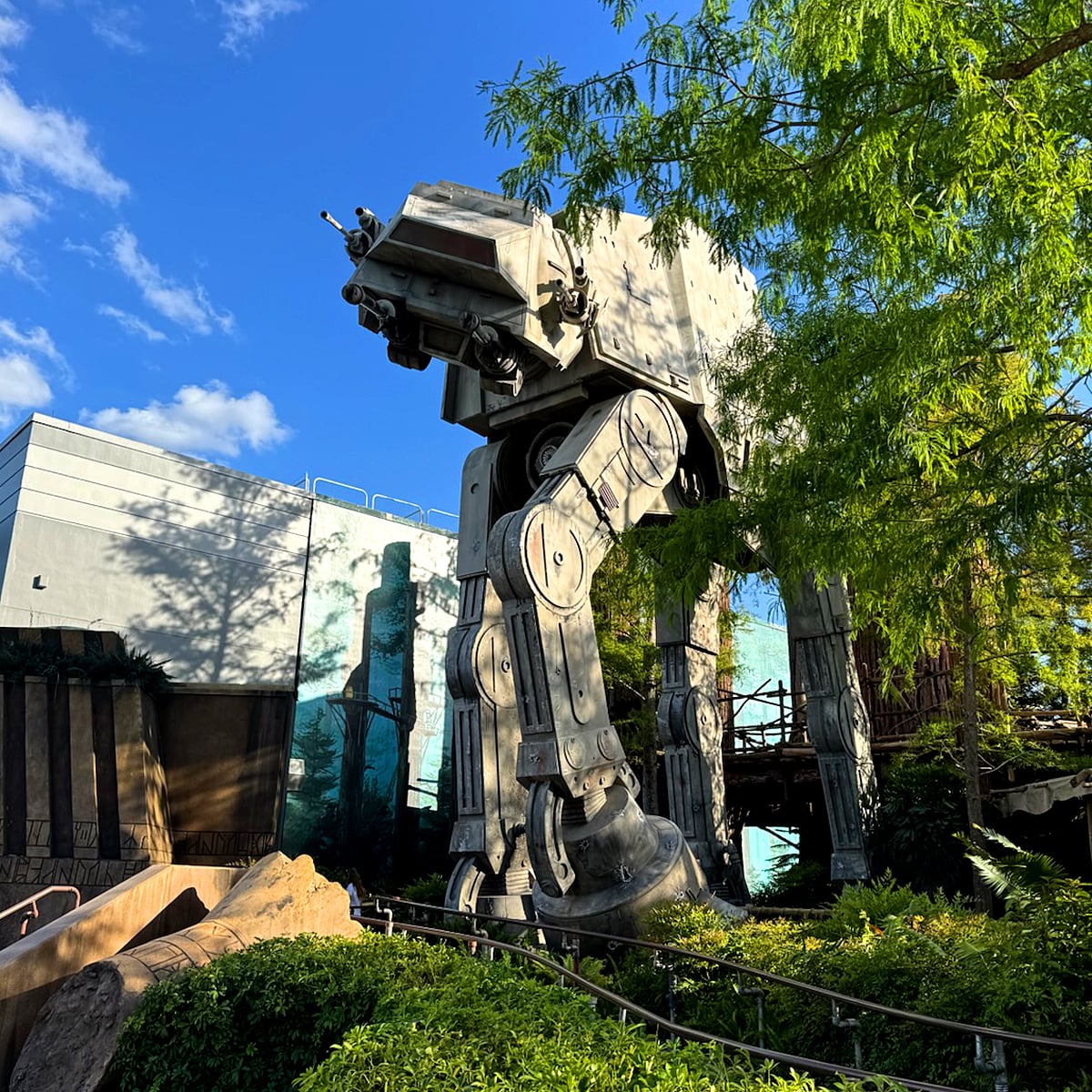 An AT-AT looms outside the Star Tours attraction set on the Forest Moon of Endor where, if we want to be technically correct, it should have been an AT-ST.