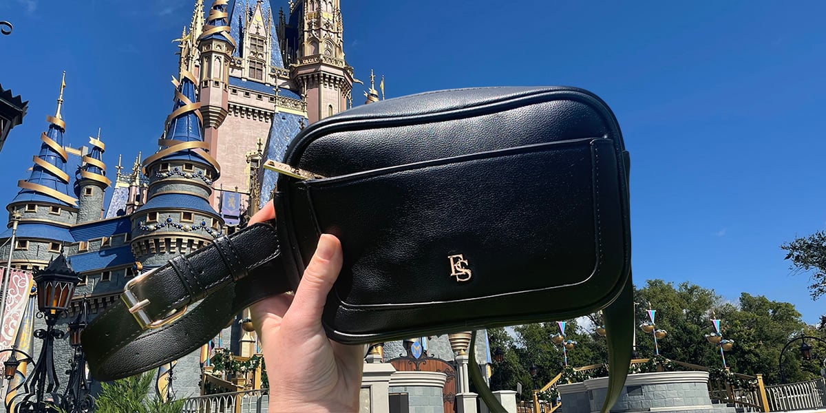belt bag in front of castle at disney world