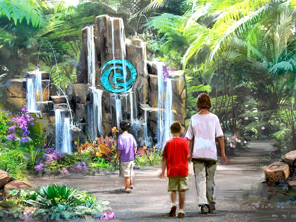 rendering of journey of water at disney, a walking trail with water features