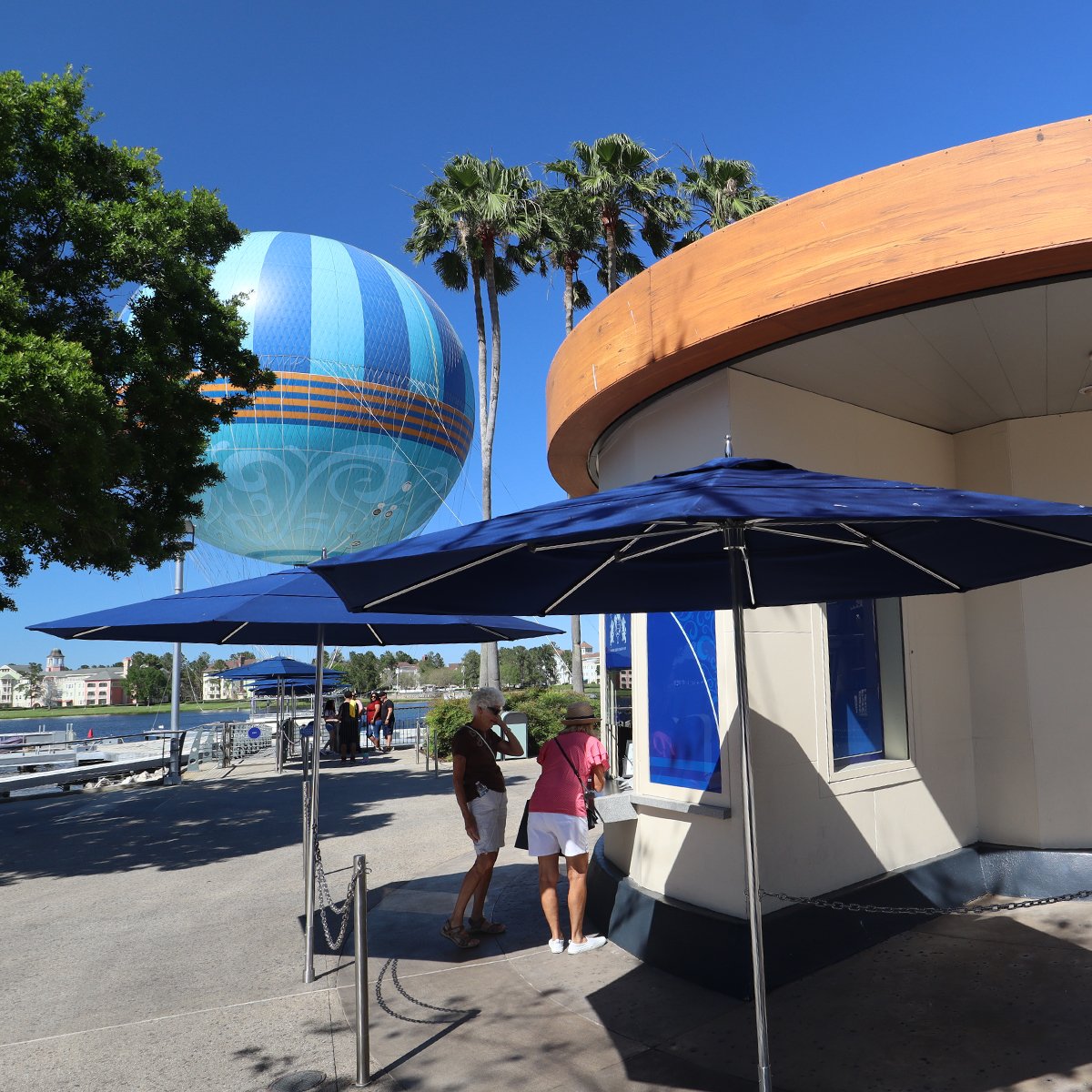 disney springs area with blue skies and trees
