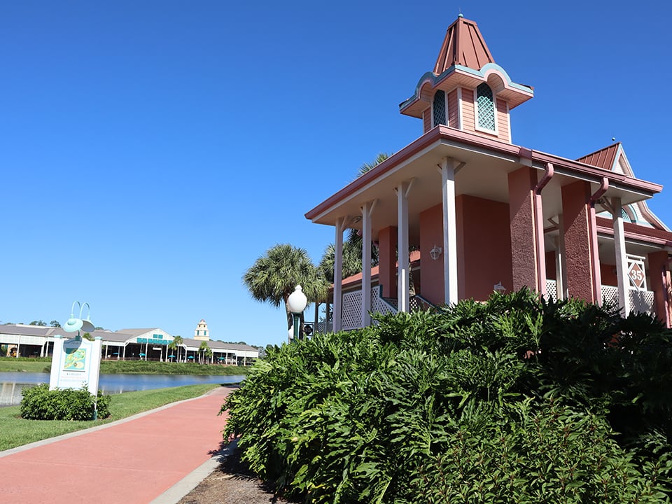 walkway and buildings at entrance for caribbean disney beach resort