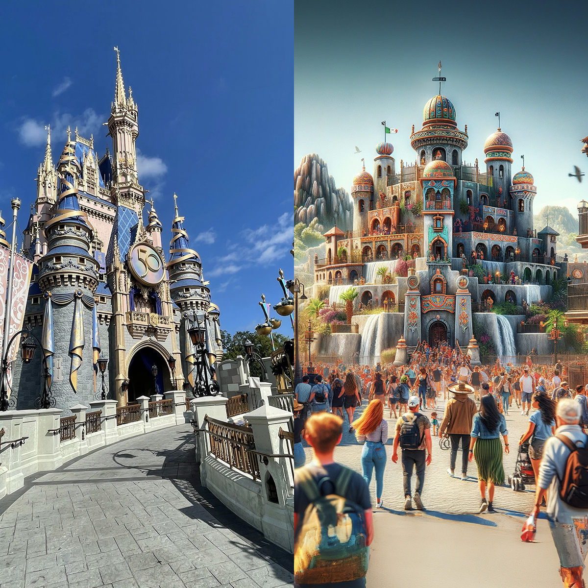 cinderella's castle next to an ai rending of a latin inspired theme park castle