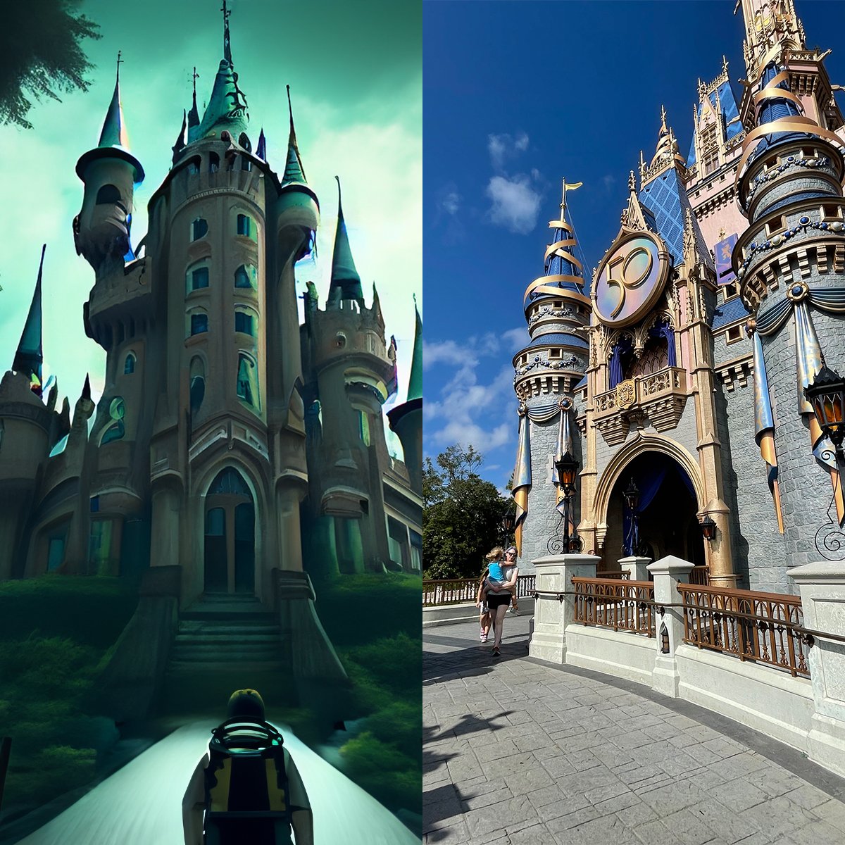 a dark castle next to cinderella's castle